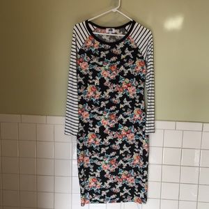 Black floral knit dress, striped sleeves